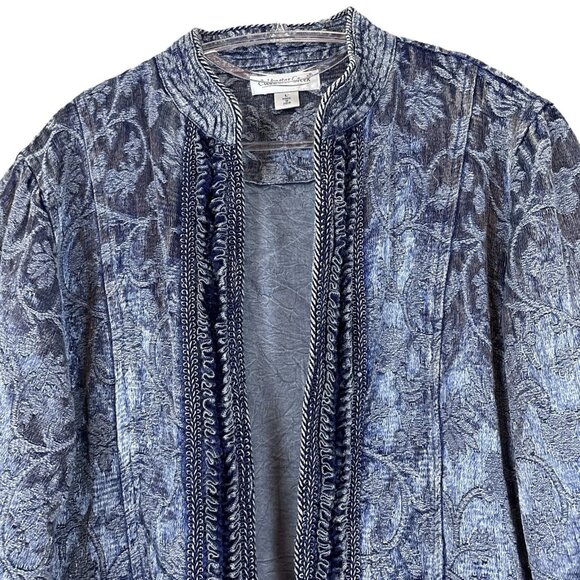 Coldwater Creek Distressed Satiny Velvet Brocade Open Front Jacket Blue Size L - Picture 3 of 9